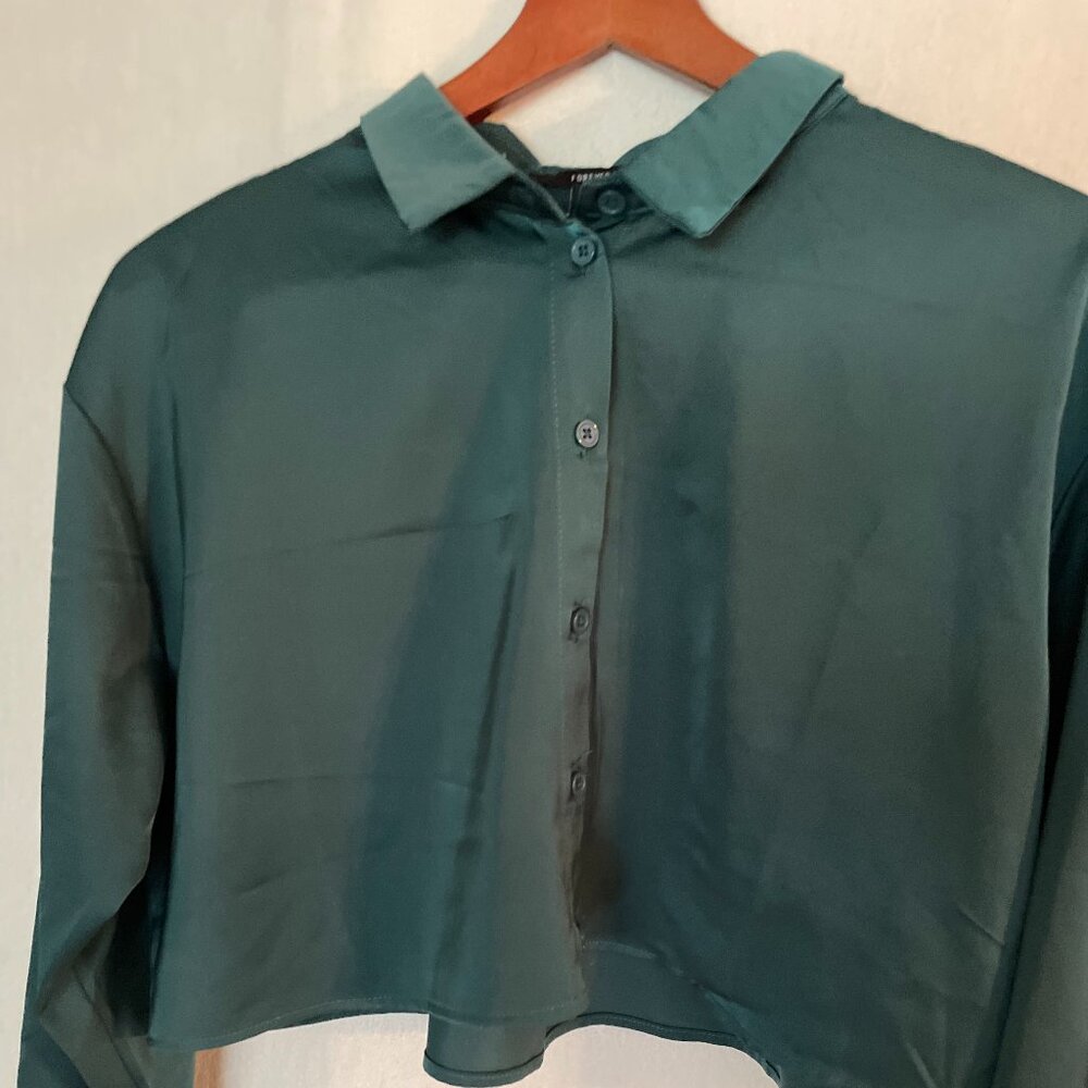 Forever 21 Silky Dark Green Cropped Shirt: Size L